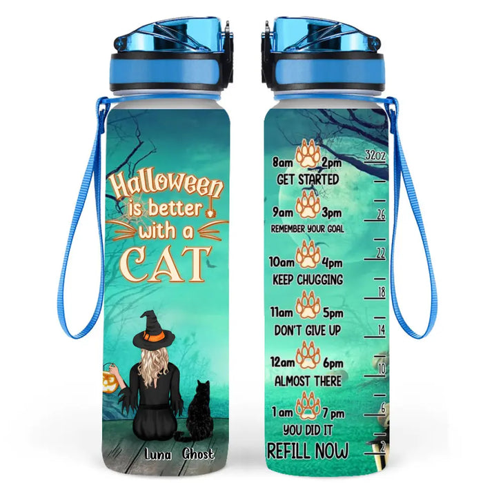 Personalized Cat Witch Water Tracker Bottle - Up to 4 Cats - Halloween Gift Idea For Cat Lover - Halloween Is Better With A Cat