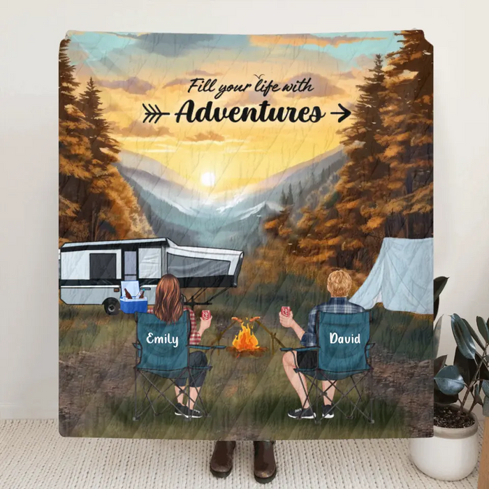 Personalized Smoky Mountain Camping Quilt/Fleece Throw Blanket - Gift Idea For Couple, Camping Lovers, Family - Up to 5 Kids, 4 Pets - Fill Your Life With Adventures