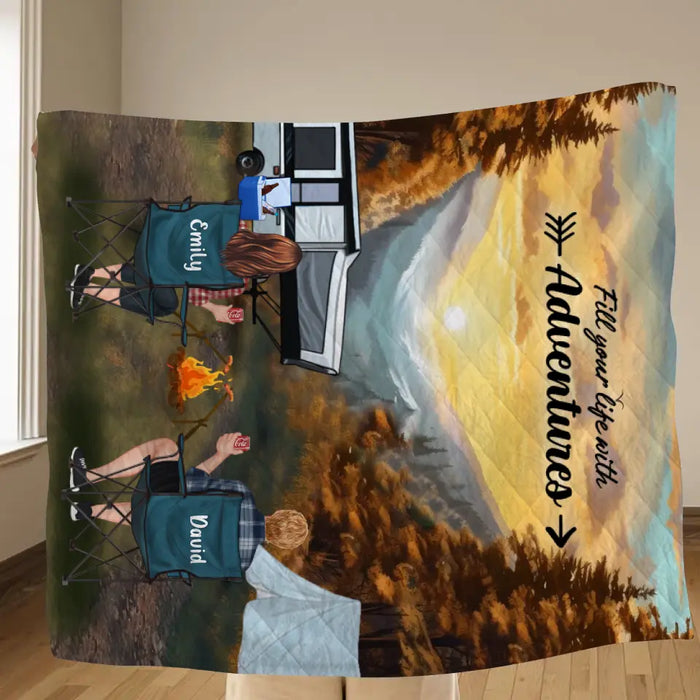 Personalized Smoky Mountain Camping Quilt/Fleece Throw Blanket - Gift Idea For Couple, Camping Lovers, Family - Up to 5 Kids, 4 Pets - Fill Your Life With Adventures
