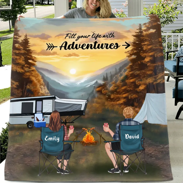 Personalized Smoky Mountain Camping Quilt/Fleece Throw Blanket - Gift Idea For Couple, Camping Lovers, Family - Up to 5 Kids, 4 Pets - Fill Your Life With Adventures