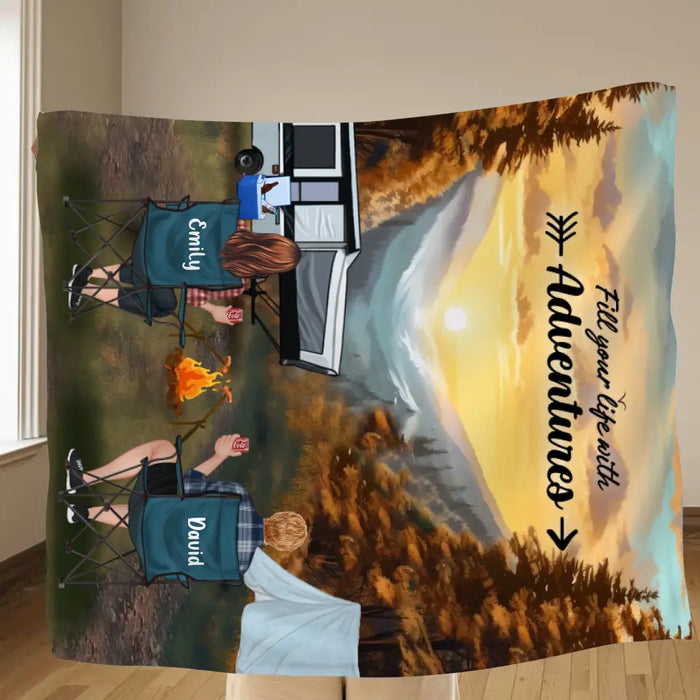 Personalized Smoky Mountain Camping Quilt/Fleece Throw Blanket - Gift Idea For Couple, Camping Lovers, Family - Up to 5 Kids, 4 Pets - Fill Your Life With Adventures