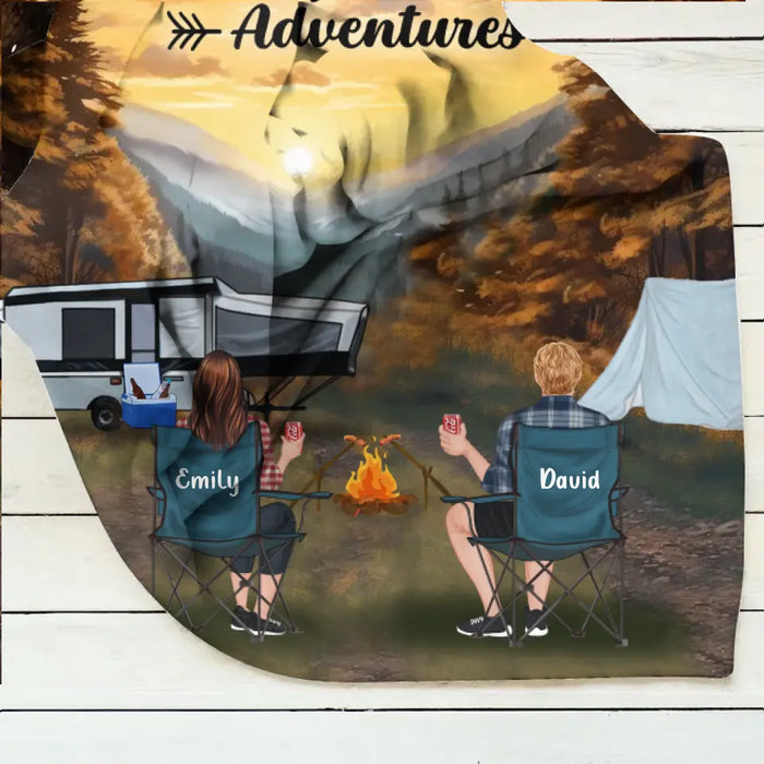 Personalized Smoky Mountain Camping Quilt/Fleece Throw Blanket - Gift Idea For Couple, Camping Lovers, Family - Up to 5 Kids, 4 Pets - Fill Your Life With Adventures