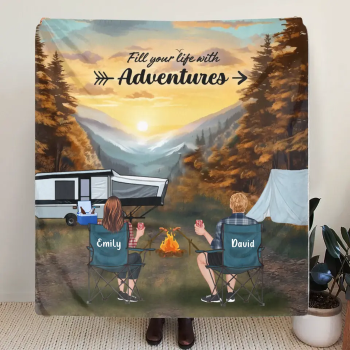 Personalized Smoky Mountain Camping Quilt/Fleece Throw Blanket - Gift Idea For Couple, Camping Lovers, Family - Up to 5 Kids, 4 Pets - Fill Your Life With Adventures