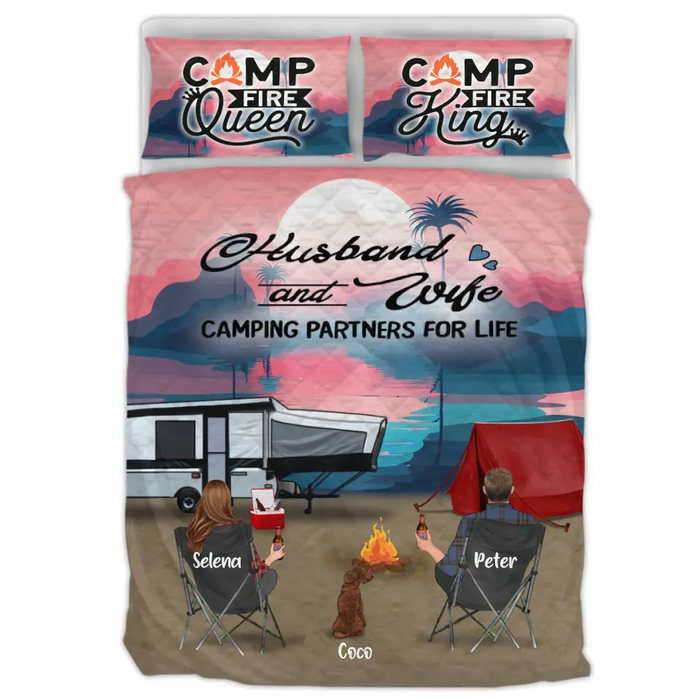 Personalized Camping Quilt Bed Sets - Single Parents/Couple With Up to 4 Kids And 4 Pets - Gift Idea For Camping Lovers - Husband And Wife Camping Partners For Life