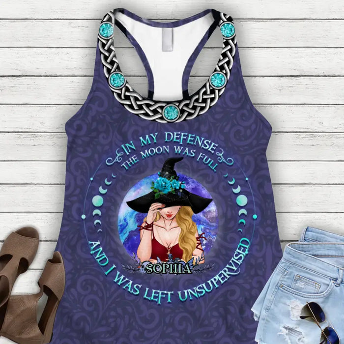 Personalized Witch AOP Women's Racerback Tank Top/Legging - Gift Idea for Witch Lovers - In My Defense The Moon Was Full And I Was Left Unsupervised