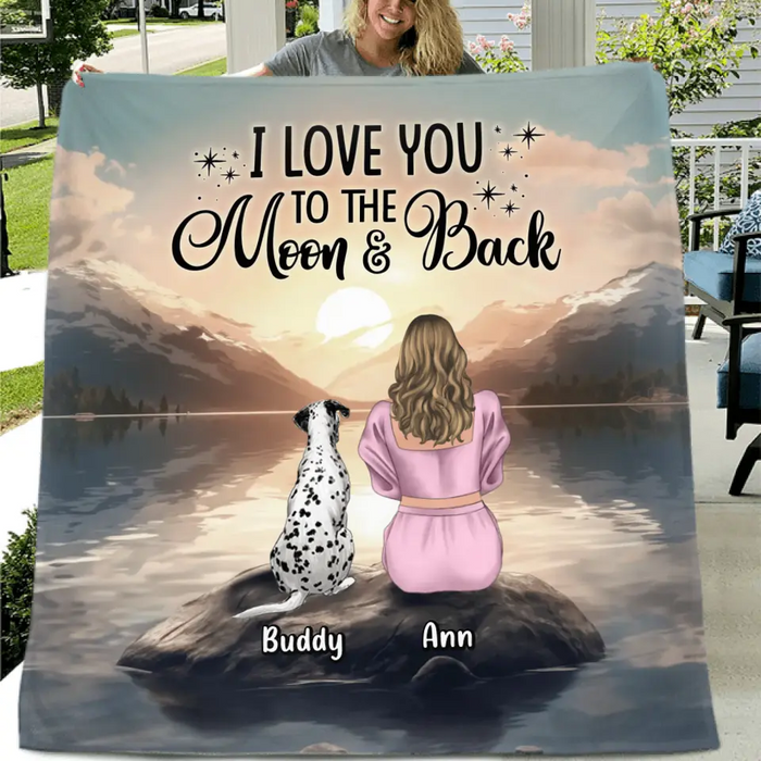 Personalized Dog Mom Fleece Throw Blanket/Quilt - Up to 6 Dogs - Gift Idea for Dog Lovers - I Love You To The Moon & Back