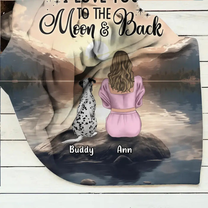 Personalized Dog Mom Fleece Throw Blanket/Quilt - Up to 6 Dogs - Gift Idea for Dog Lovers - I Love You To The Moon & Back