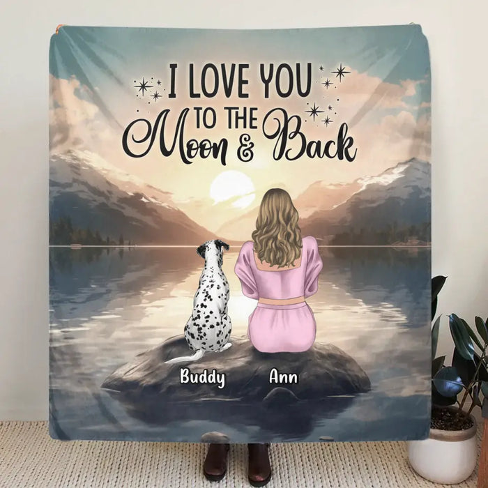 Personalized Dog Mom Fleece Throw Blanket/Quilt - Up to 6 Dogs - Gift Idea for Dog Lovers - I Love You To The Moon & Back