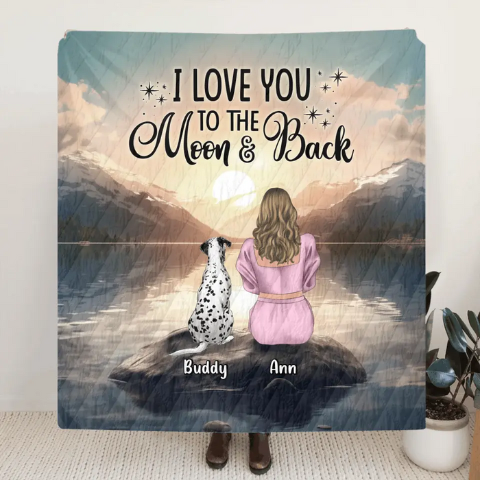 Personalized Dog Mom Fleece Throw Blanket/Quilt - Up to 6 Dogs - Gift Idea for Dog Lovers - I Love You To The Moon & Back