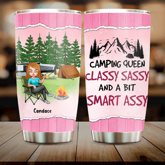 Personalized Camping Queen Tumbler - Up to 7 Friends - Gift Idea for Camping Lovers/Friends - Camping Queen Classy Sassy And A Bit Smart Assy