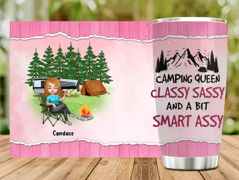 Personalized Camping Queen Tumbler - Up to 7 Friends - Gift Idea for Camping Lovers/Friends - Camping Queen Classy Sassy And A Bit Smart Assy