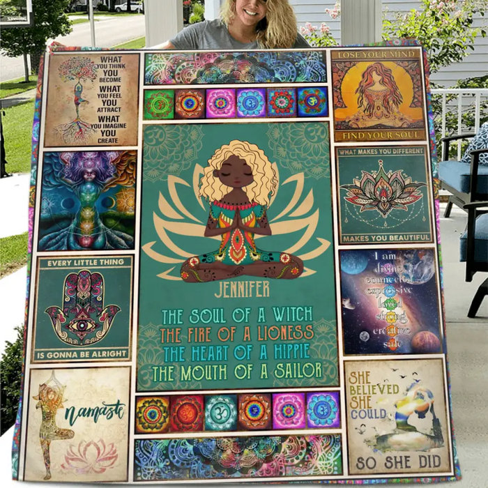 Personalized Yoga Fleece Throw Blanket/Quilt - The Soul Of A Witch, The Fire Of A Lioness - Birthday Gift Idea For Friend/Yoga Lover