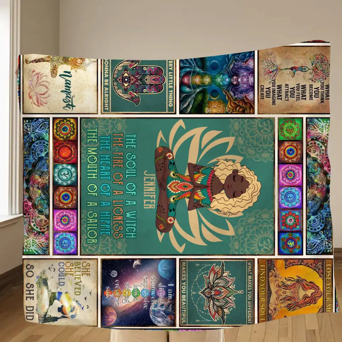 Personalized Yoga Fleece Throw Blanket/Quilt - The Soul Of A Witch, The Fire Of A Lioness - Birthday Gift Idea For Friend/Yoga Lover