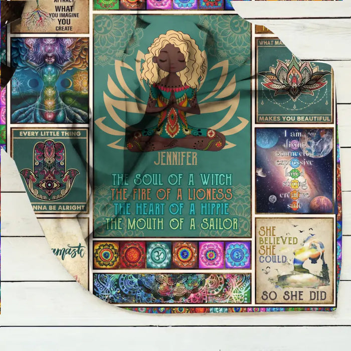 Personalized Yoga Fleece Throw Blanket/Quilt - The Soul Of A Witch, The Fire Of A Lioness - Birthday Gift Idea For Friend/Yoga Lover