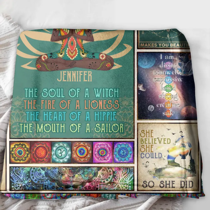 Personalized Yoga Fleece Throw Blanket/Quilt - The Soul Of A Witch, The Fire Of A Lioness - Birthday Gift Idea For Friend/Yoga Lover