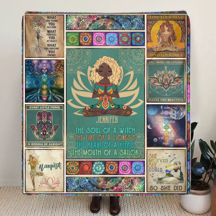 Personalized Yoga Fleece Throw Blanket/Quilt - The Soul Of A Witch, The Fire Of A Lioness - Birthday Gift Idea For Friend/Yoga Lover