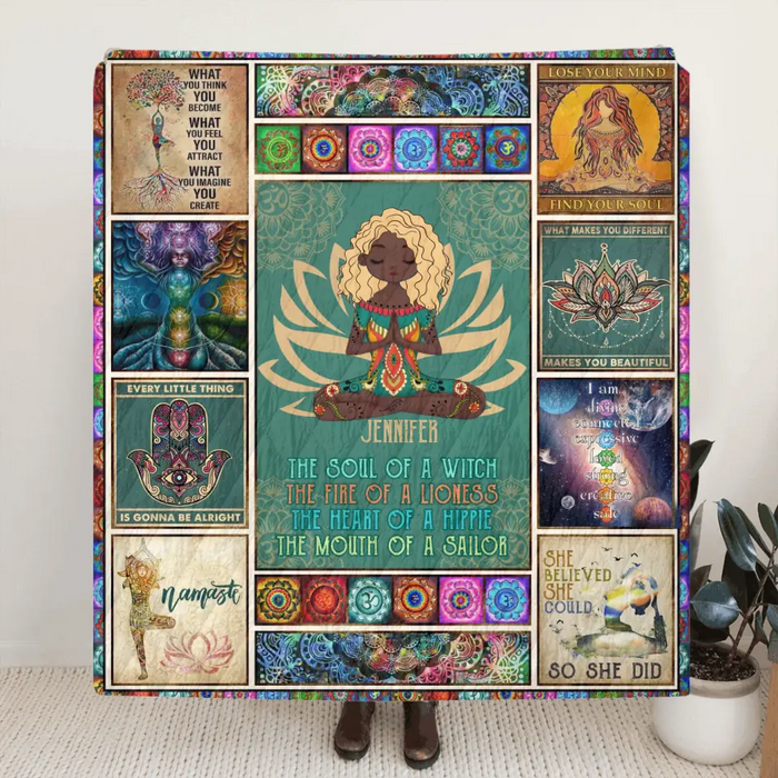 Personalized Yoga Fleece Throw Blanket/Quilt - The Soul Of A Witch, The Fire Of A Lioness - Birthday Gift Idea For Friend/Yoga Lover
