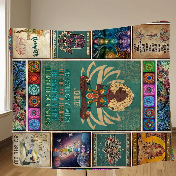 Personalized Yoga Fleece Throw Blanket/Quilt - The Soul Of A Witch, The Fire Of A Lioness - Birthday Gift Idea For Friend/Yoga Lover