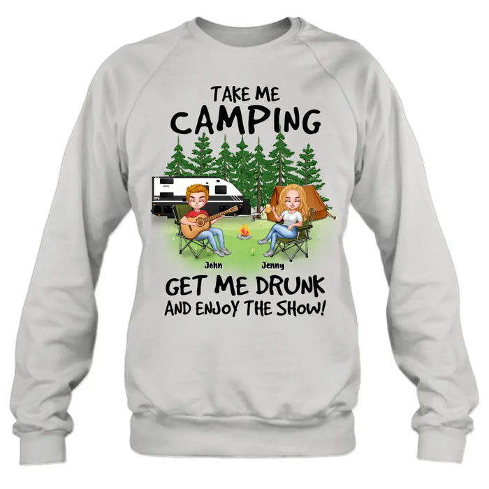 Personalized Camping Guitar Shirt/Hoodie - Up to 6 People - Gift Idea for Camping Lovers - Take Me Camping Get Me Drunk And Enjoy The Show!