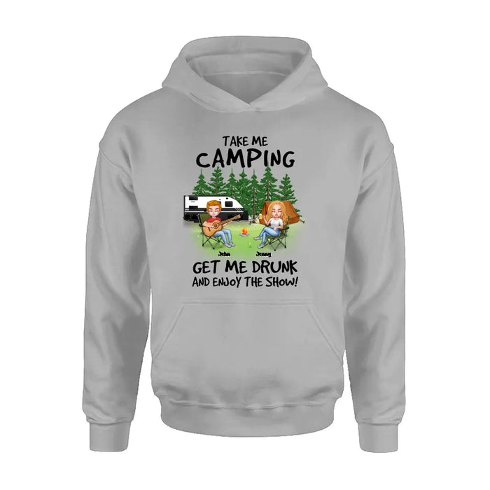 Personalized Camping Guitar Shirt/Hoodie - Up to 6 People - Gift Idea for Camping Lovers - Take Me Camping Get Me Drunk And Enjoy The Show!