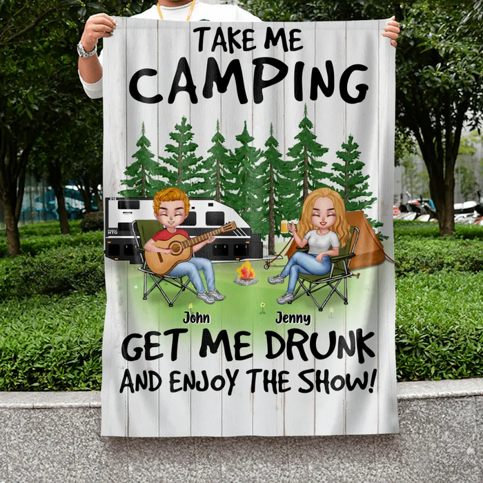 Personalized Camping With Guitar Flag - Up to 6 People - Gift Idea for Camping Lovers - Take Me Camping Get Me Drunk And Enjoy The Show