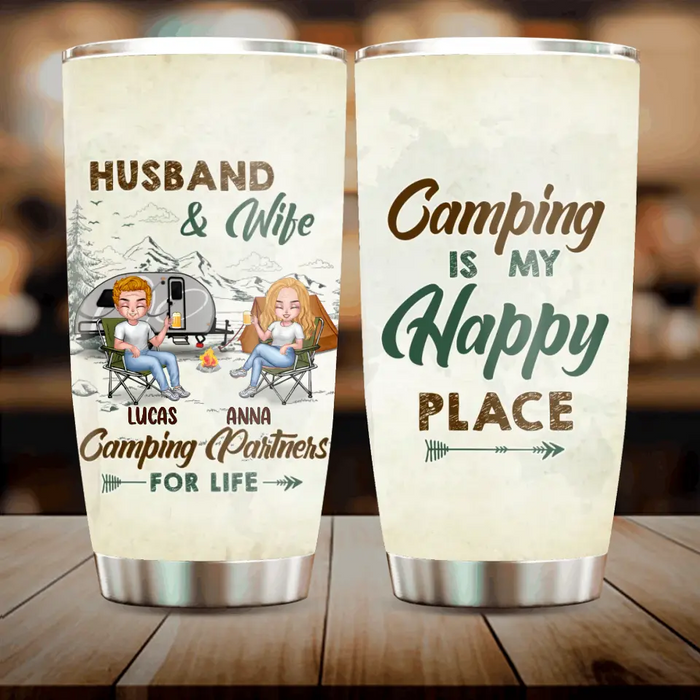 Personalized Camping Couple Tumbler - Gift Idea For Camping Lover/Couple - Camping Is My Happy Place