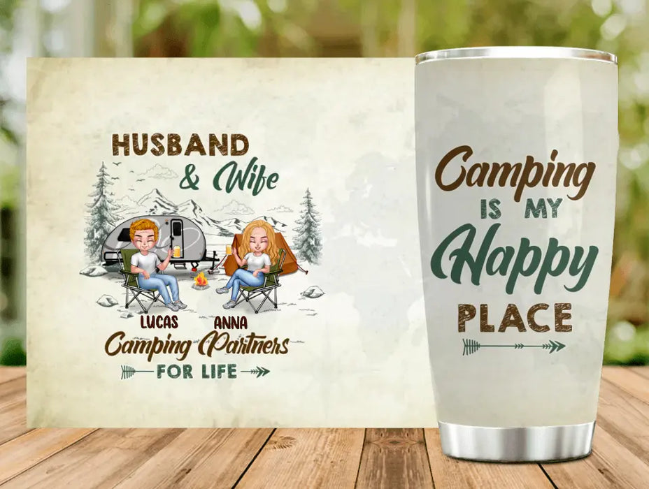 Personalized Camping Couple Tumbler - Gift Idea For Camping Lover/Couple - Camping Is My Happy Place