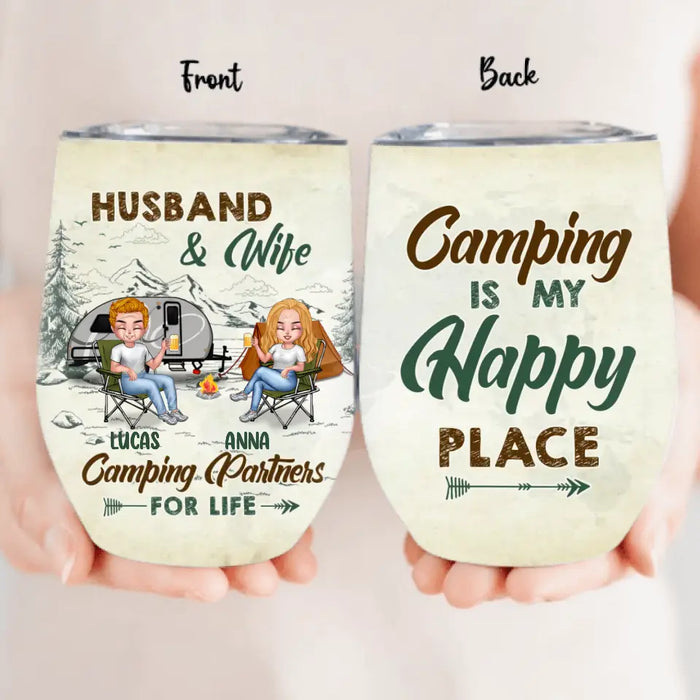 Personalized Camping Couple Wine Tumbler - Gift Idea For Camping Lover/Couple - Camping Is My Happy Place