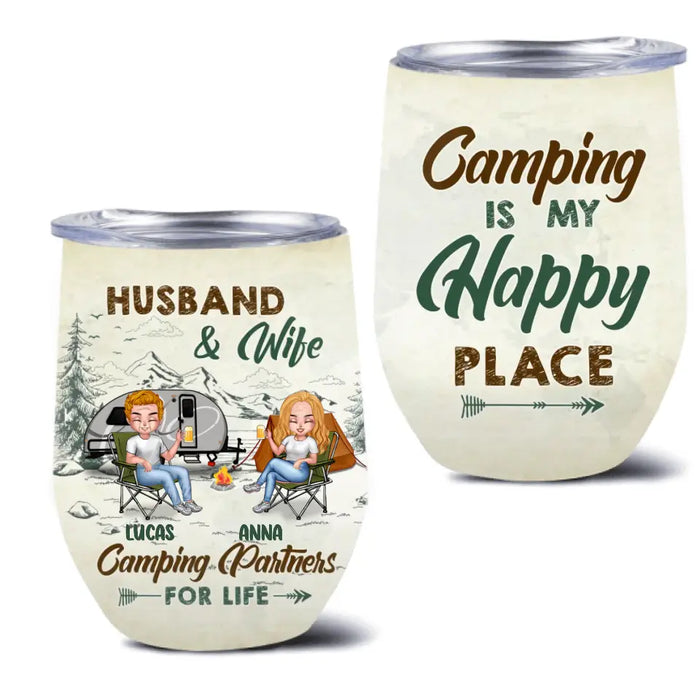 Personalized Camping Couple Wine Tumbler - Gift Idea For Camping Lover/Couple - Camping Is My Happy Place