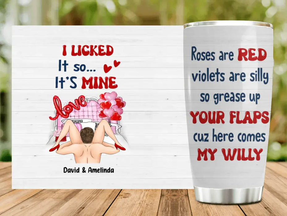 Personalized Couple Tumbler - Gift Idea For Him/Her - Roses Are Red Violets Are Silly So Grease Up Your Flaps Cuz Here Comes My Willy