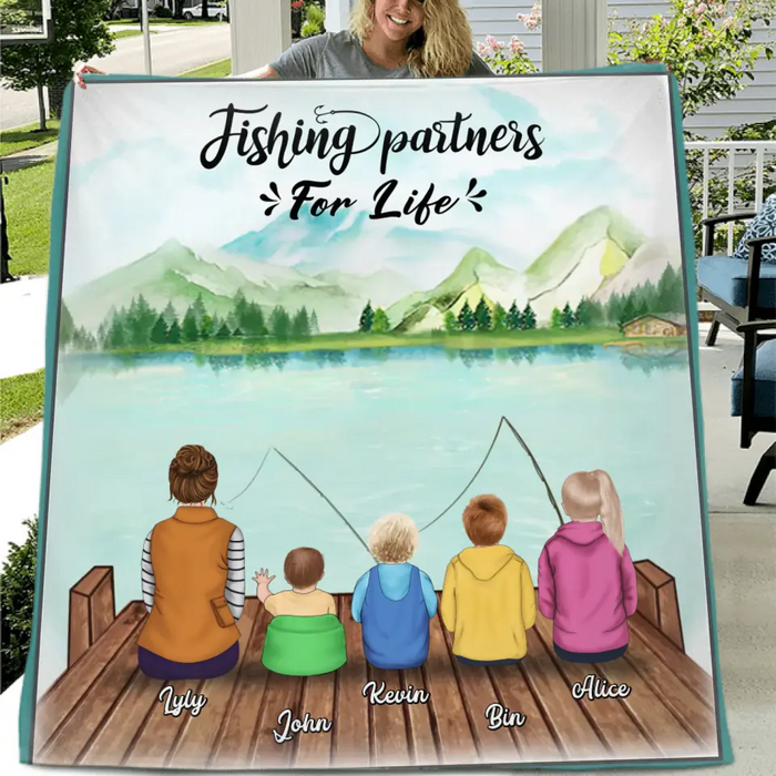 Personalized Fishing Quilt/Fleece Blanket - Single Parent and up to 4 Kids - Fishing Partners for Life