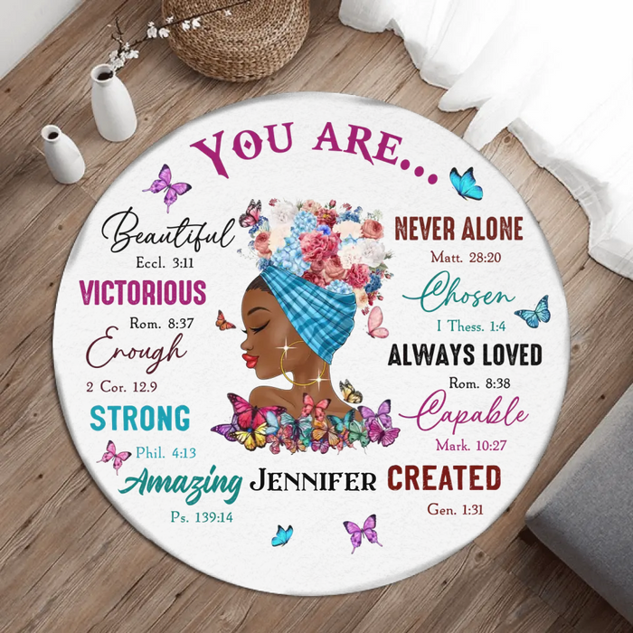Personalized African American Girl Round Rug - Gift Idea For Birthday/Friends - You Are Beautiful, Victorious