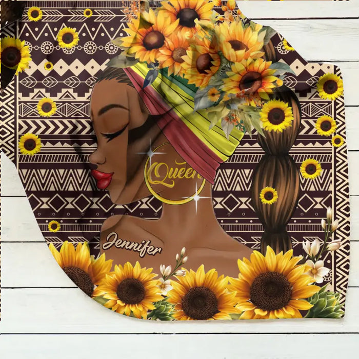 Personalized Sunflower Girl Fleece Throw Blanket/Quilt - Gift Idea for Black Girl/Black Woman/Afro Black Girl