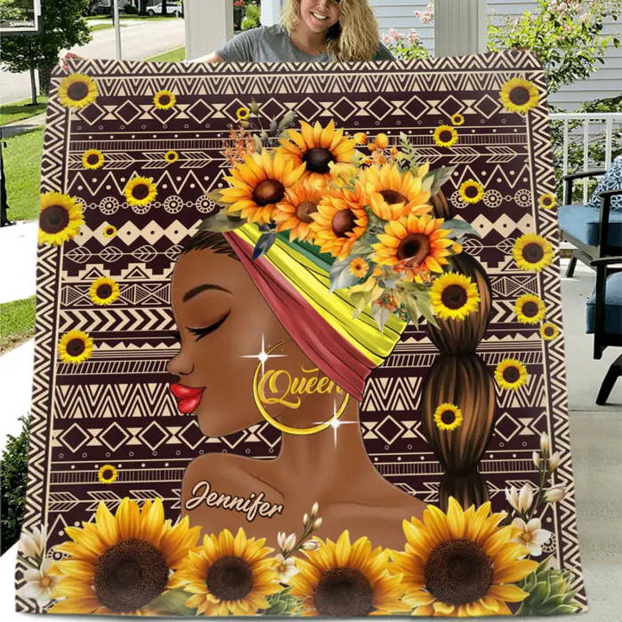 Personalized Sunflower Girl Fleece Throw Blanket/Quilt - Gift Idea for Black Girl/Black Woman/Afro Black Girl