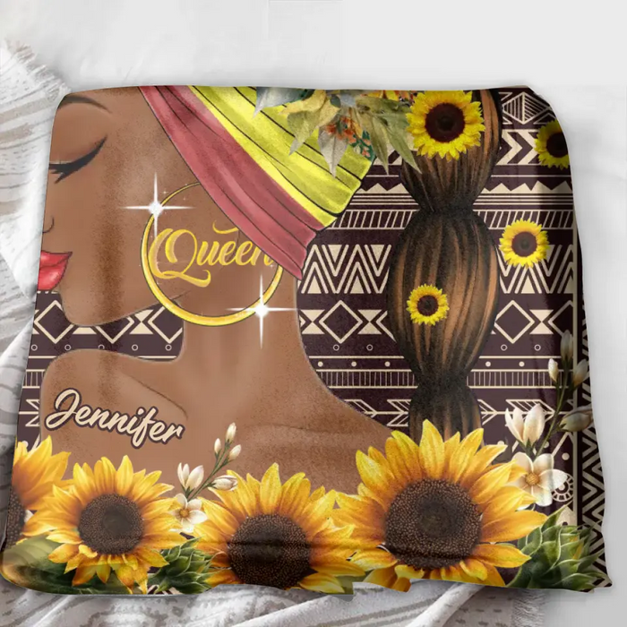 Personalized Sunflower Girl Fleece Throw Blanket/Quilt - Gift Idea for Black Girl/Black Woman/Afro Black Girl