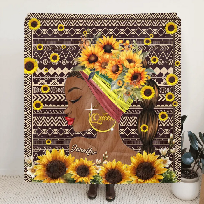 Personalized Sunflower Girl Fleece Throw Blanket/Quilt - Gift Idea for Black Girl/Black Woman/Afro Black Girl