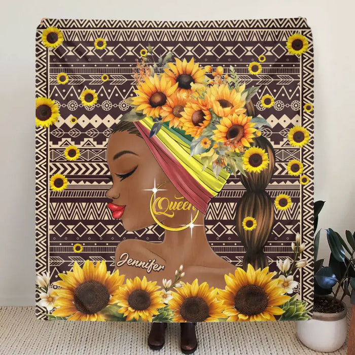 Personalized Sunflower Girl Fleece Throw Blanket/Quilt - Gift Idea for Black Girl/Black Woman/Afro Black Girl