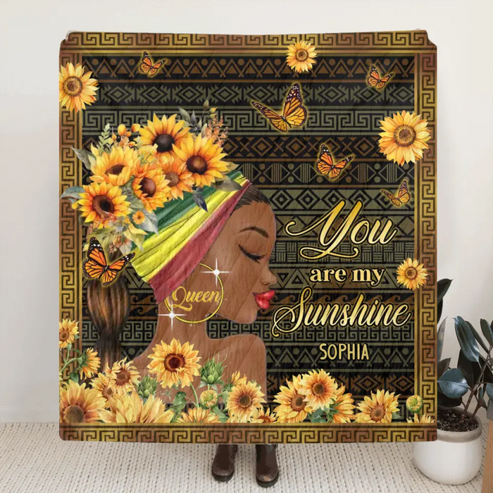 Personalized Sunflower Girl Fleece Throw Blanket/Quilt - Gift Idea for Black Girl/Black Woman/Afro Black Girl - You Are My Sunshine