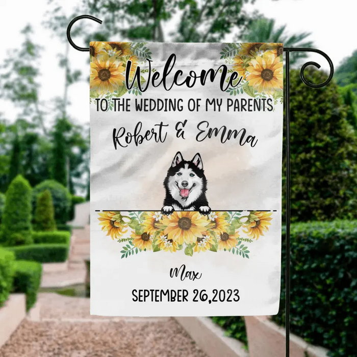 Personalized Dog Wedding Flag Sign - Up to 5 Dogs - Wedding Gift Idea For Couple/Dog Lover - Welcome To The Wedding Of Our Parents