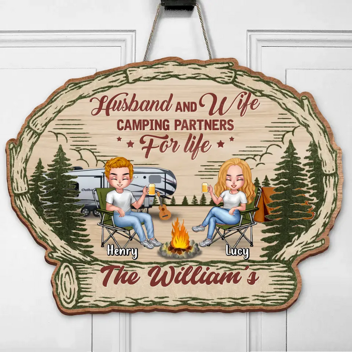 Personalized Camping Chibi Wooden Sign - Gift Idea For Couple Camping Lovers - Husband And Wife Camping Partners For Life
