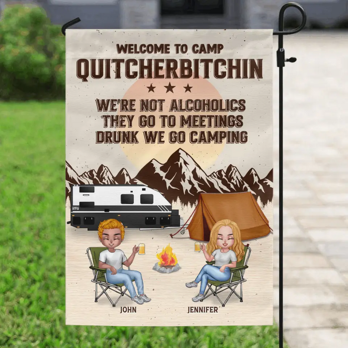 Personalized Camping Flag - Up to 4 People - Gift Idea for Camping Lovers/Couple/Friends - Welcome To Camp Quitcherbitchin