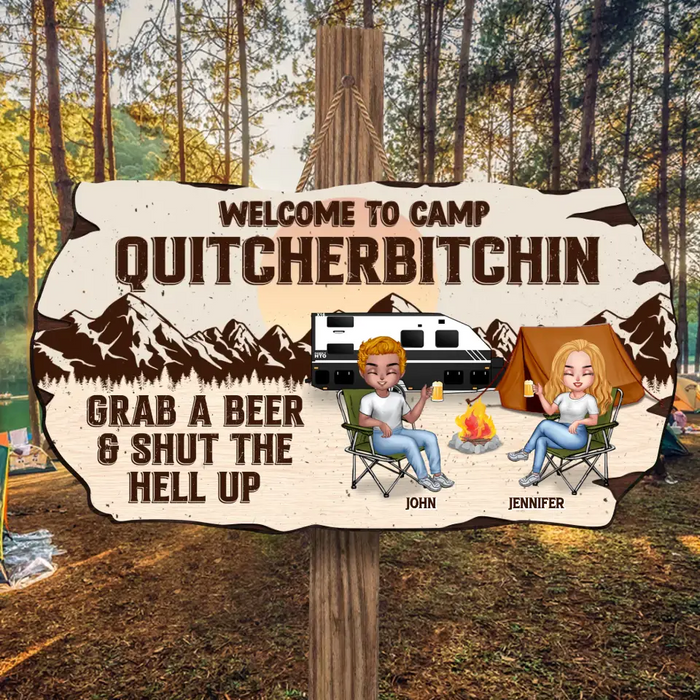 Personalized Camping Wooden Sign - Up to 4 People - Gift Idea For Couple/Friends/Camping Lovers - Welcome To Camp Quitcherbitchin