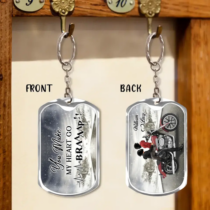 Personalized Riding Couple Aluminum Keychain - Gift Idea for Husband/Wife/Couple/Him/Her - You Make My Heart Go Braaaap!