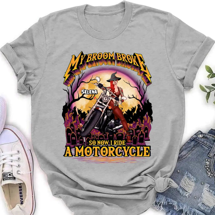 Personalized Witch Biker Shirt/Hoodie - Up to 4 Dogs/Cats - Halloween Gift Idea For Bikers - My Broom Broke So Now I Ride A Motorcycle