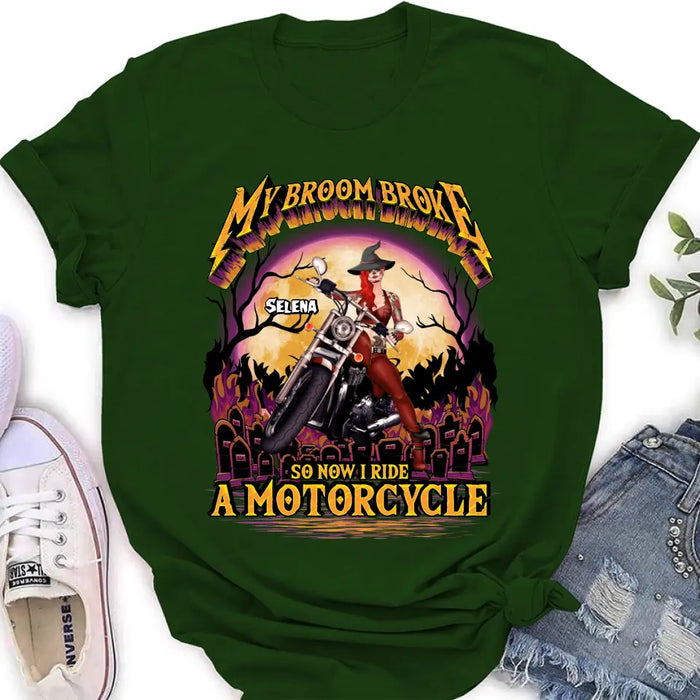 Personalized Witch Biker Shirt/Hoodie - Up to 4 Dogs/Cats - Halloween Gift Idea For Bikers - My Broom Broke So Now I Ride A Motorcycle