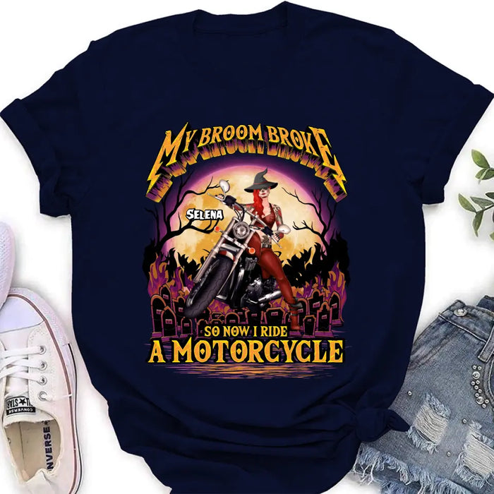 Personalized Witch Biker Shirt/Hoodie - Up to 4 Dogs/Cats - Halloween Gift Idea For Bikers - My Broom Broke So Now I Ride A Motorcycle