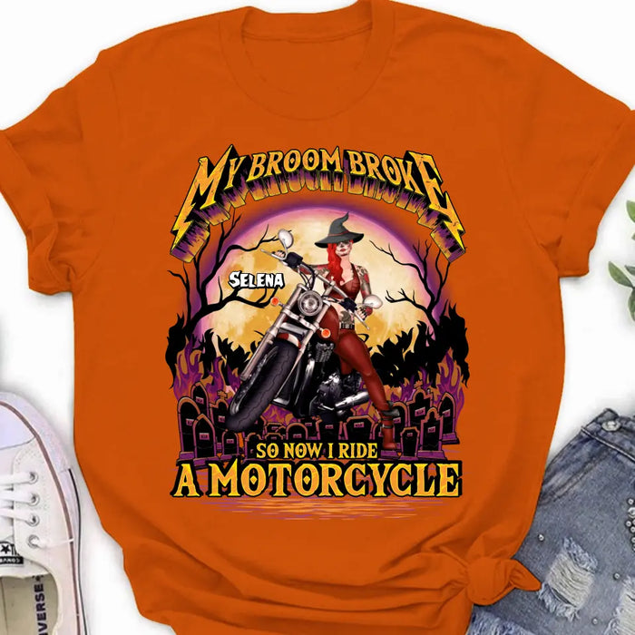 Personalized Witch Biker Shirt/Hoodie - Up to 4 Dogs/Cats - Halloween Gift Idea For Bikers - My Broom Broke So Now I Ride A Motorcycle