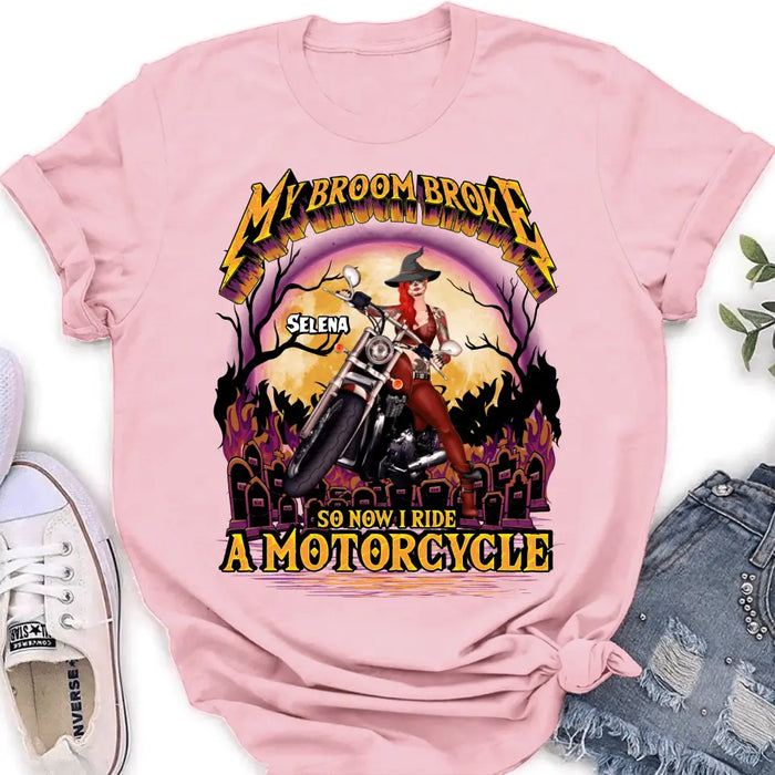Personalized Witch Biker Shirt/Hoodie - Up to 4 Dogs/Cats - Halloween Gift Idea For Bikers - My Broom Broke So Now I Ride A Motorcycle