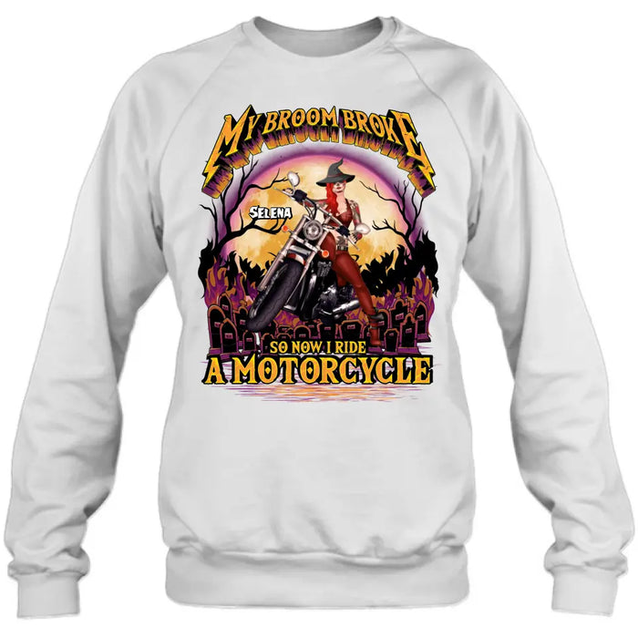 Personalized Witch Biker Shirt/Hoodie - Up to 4 Dogs/Cats - Halloween Gift Idea For Bikers - My Broom Broke So Now I Ride A Motorcycle