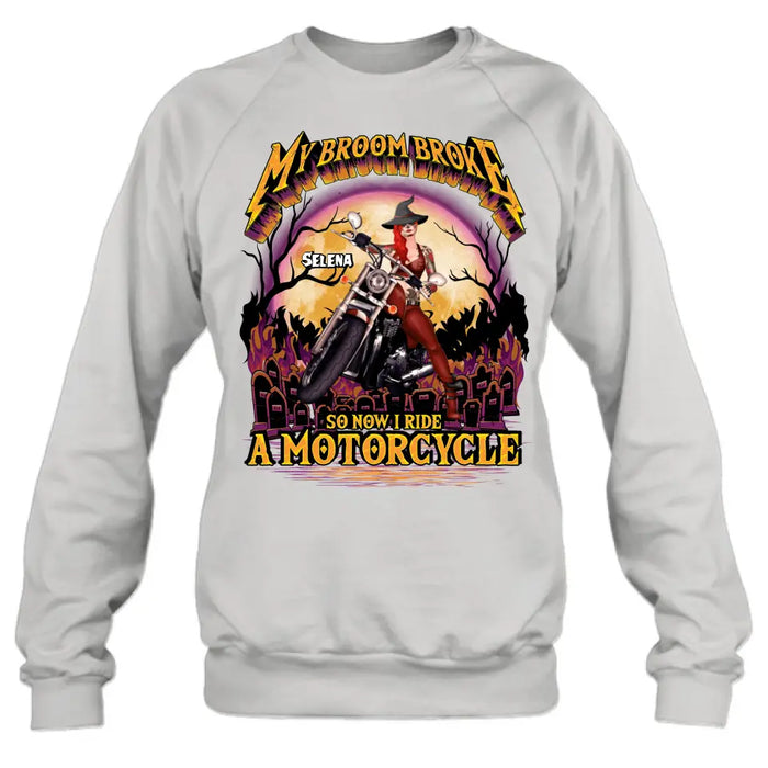 Personalized Witch Biker Shirt/Hoodie - Up to 4 Dogs/Cats - Halloween Gift Idea For Bikers - My Broom Broke So Now I Ride A Motorcycle